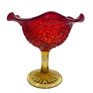 L. E. Smith Glass Amberina Red To Orange Glow Footed Compote Dish Bowl Vintage